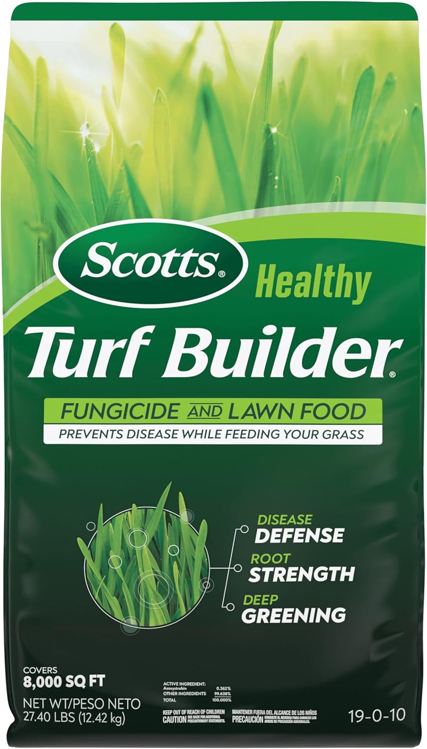 Scotts® Healthy Turf Builder® Fungicide and Lawn Food, 2-in-1 Fungicide and Fertilizer, Prevents Disease While Feeding Grass, Controls 27 Diseases - Powdery Mildew, Red Thread, Brown Patch, 27.4 lbs. Scotts® Healthy Turf Builder® Fungicide and Lawn Food, 2-in-1 Fungicide and Fertilizer, Prevents Disease While Feeding Grass, Controls 27 Diseases - Powdery Mildew, Red Thread, Brown Patch, 27.4 lbs.