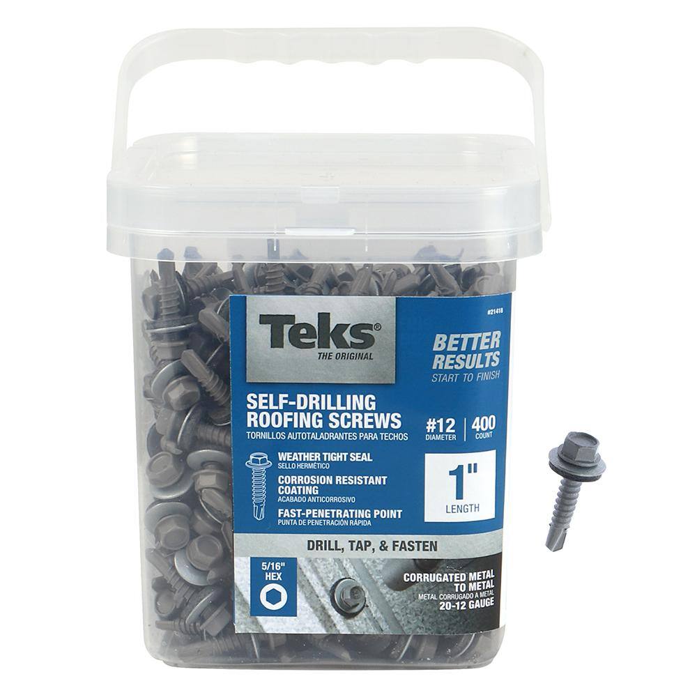 Teks 21418 #12 x 1 in. External Hex Washer Head Drill Point Corrosion Resistant Sheet Metal Roofing Screws (400-Pack) Teks 21418 #12 x 1 in. External Hex Washer Head Drill Point Corrosion Resistant Sheet Metal Roofing Screws (400-Pack)