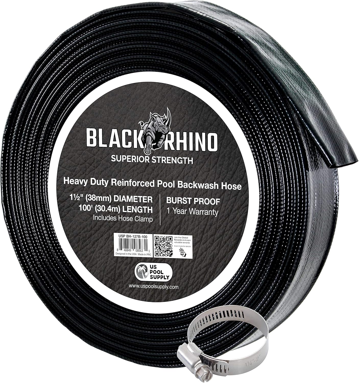 U.S. Pool Supply Pool Backwash Hose 1.5 x 100' - Black Rhino Extra Heavy-Duty Pool Drain Hose, Sump Pump Discharge, Filter Pump Water Drainage, Inground Draining - Lay Flat, Burst Resistant, Clamp U.S. Pool Supply Pool Backwash Hose 1.5" x 100' - Black Rhino Extra Heavy-Duty Pool Drain Hose, Sump Pump Discharge, Filter Pump Water Drainage, Inground Draining - Lay Flat, Burst Resistant, Clamp