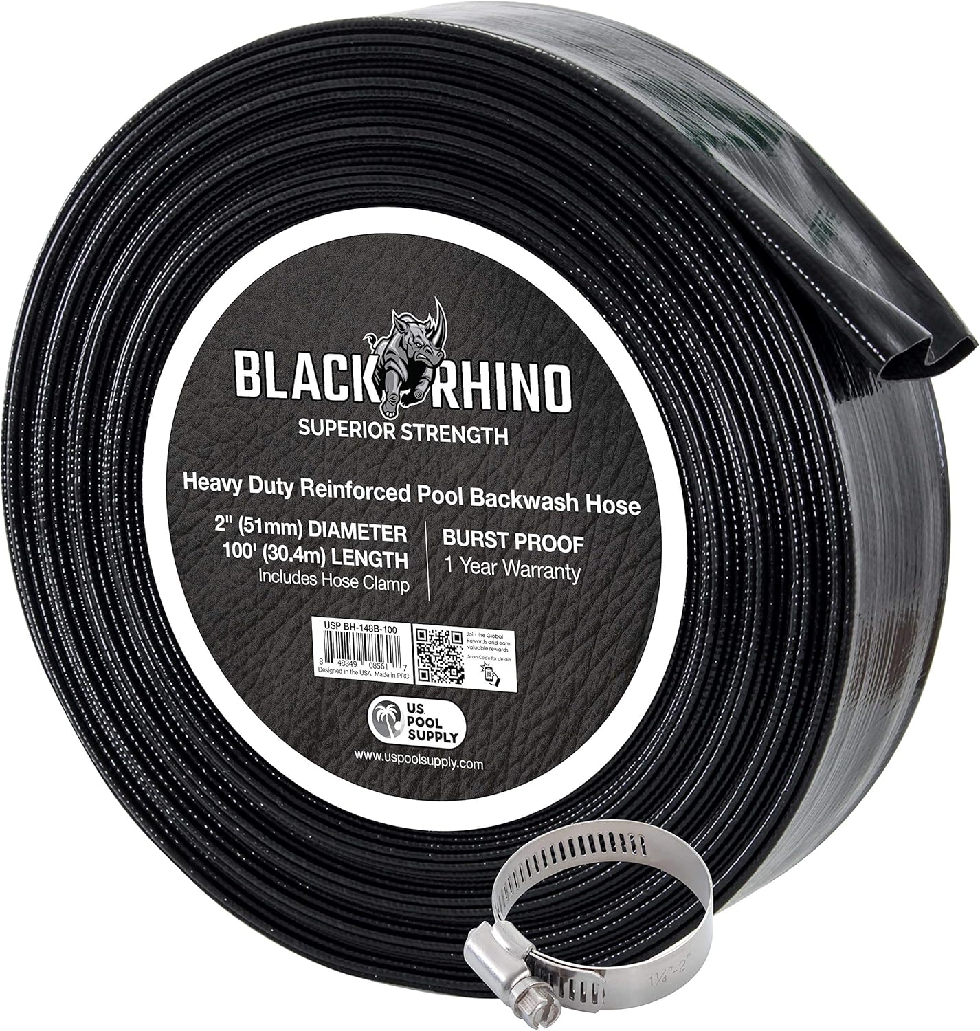 U.S. Pool Supply Pool Backwash Hose 2 x 100' - Black Rhino Extra Heavy-Duty Pool Drain Hose, Sump Pump Discharge, Filter Pump Water Drainage, Inground Draining - Lay Flat, Burst Resistant, Clamp U.S. Pool Supply Pool Backwash Hose 2" x 100' - Black Rhino Extra Heavy-Duty Pool Drain Hose, Sump Pump Discharge, Filter Pump Water Drainage, Inground Draining - Lay Flat, Burst Resistant, Clamp