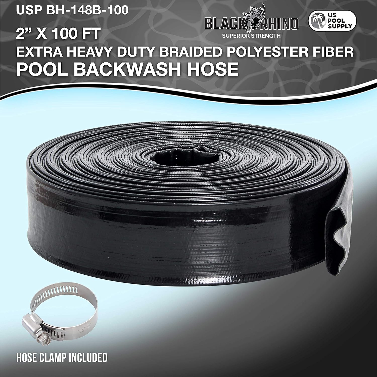 U.S. Pool Supply Pool Backwash Hose 2 x 100' - Black Rhino Extra Heavy-Duty Pool Drain Hose, Sump Pump Discharge, Filter Pump Water Drainage, Inground Draining - Lay Flat, Burst Resistant, Clamp1