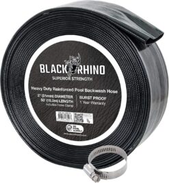 U.S. Pool Supply Pool Backwash Hose 2" x 50' - Black Rhino Extra Heavy-Duty Pool Drain Hose, Sump Pump Discharge, Filter Pump Water Drainage, Inground Draining - Lay Flat, Burst Resistant, Clamp