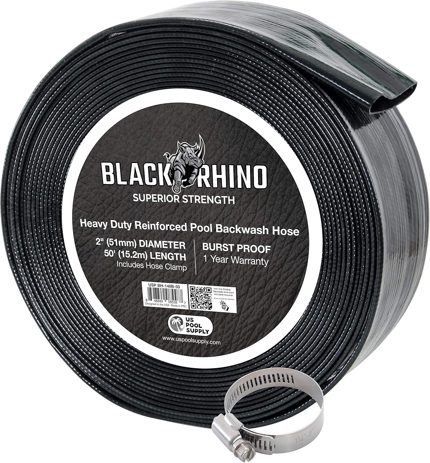 U.S. Pool Supply Pool Backwash Hose 2 x 50' - Black Rhino Extra Heavy-Duty Pool Drain Hose, Sump Pump Discharge, Filter Pump Water Drainage, Inground Draining - Lay Flat, Burst Resistant, Clamp U.S. Pool Supply Pool Backwash Hose 2" x 50' - Black Rhino Extra Heavy-Duty Pool Drain Hose, Sump Pump Discharge, Filter Pump Water Drainage, Inground Draining - Lay Flat, Burst Resistant, Clamp