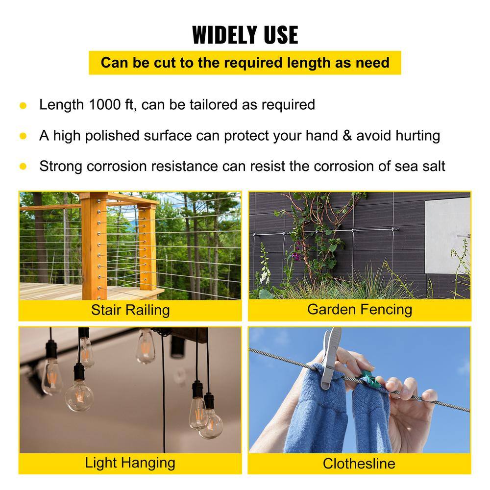 VEVOR 1000 ft. x 1 8 in. Cable Railing Kit 2100 lbs. Loading T316 Stainless Steel Wire Rope with 1x19 Strands for Deck Stair6