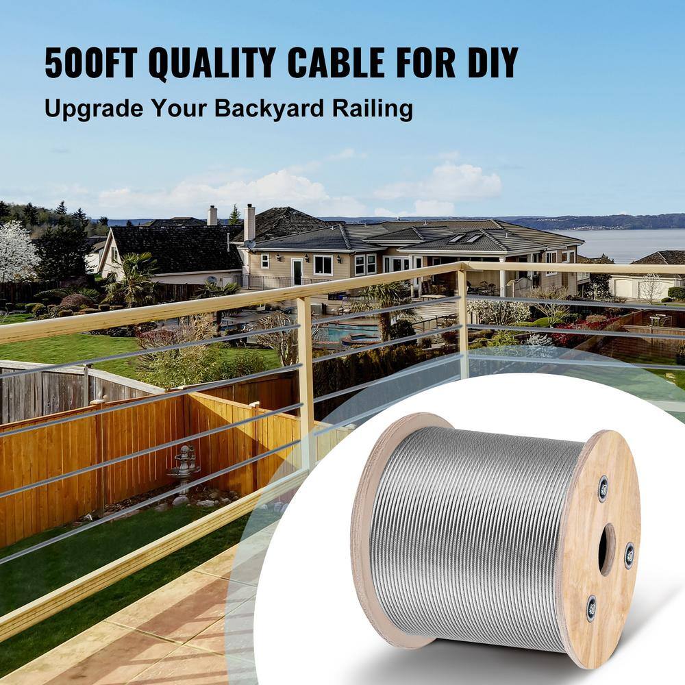 VEVOR 500 ft. x 1 8 in. Cable Railing Kit 1700 lbs. Loading T316 Stainless Steel Wire Rope with 7x7 Strands for Deck Stair1