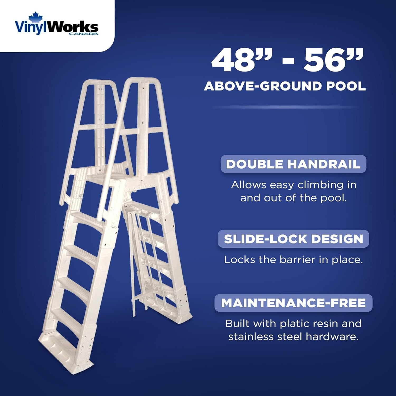 Vinyl Works SLA A-Frame 48 to 56 Inch Adjustable Above Ground Swimming Pool Ladder Entry System with Slide Lock Barrier and Handrails, White1