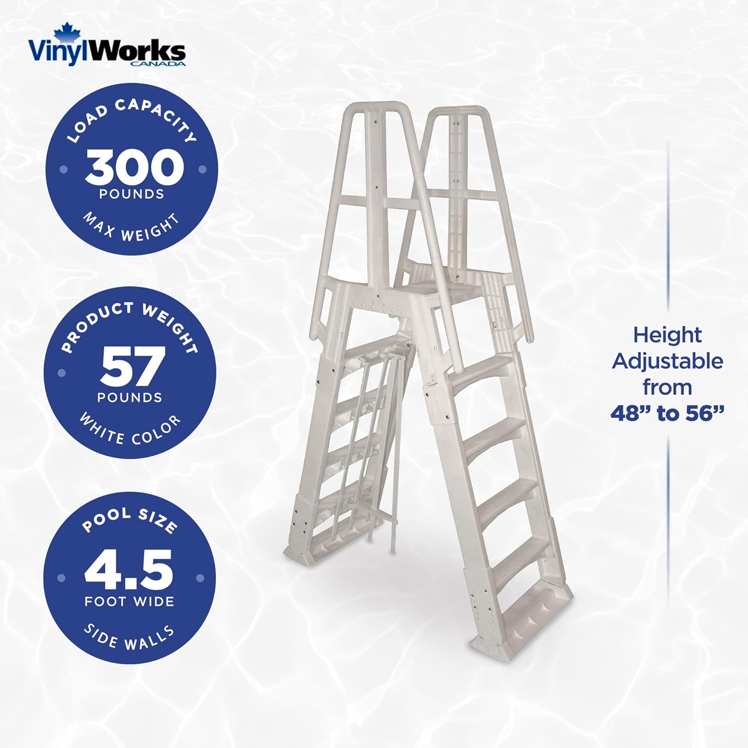 Vinyl Works SLA A-Frame 48 to 56 Inch Adjustable Above Ground Swimming Pool Ladder Entry System with Slide Lock Barrier and Handrails, White3