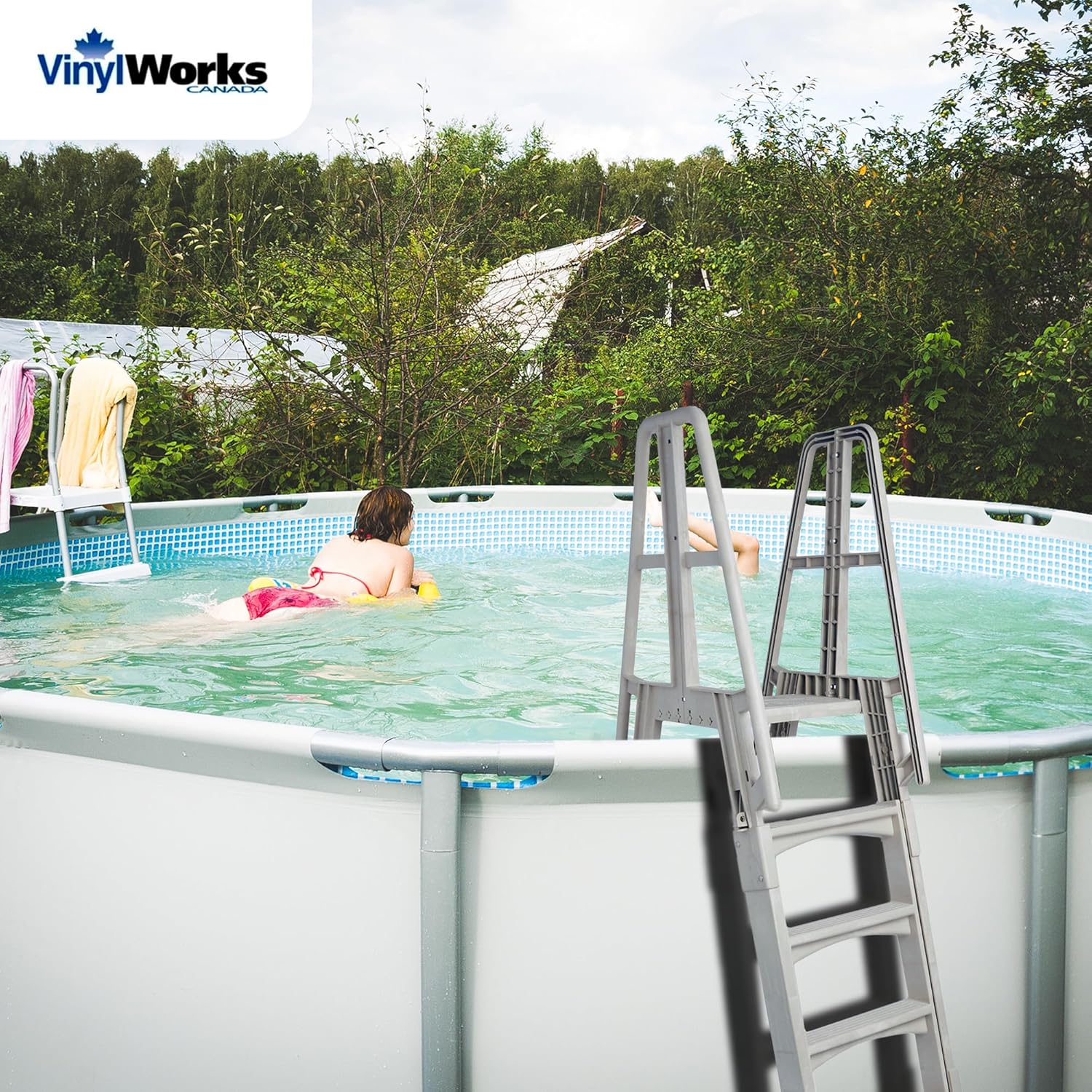 Vinyl Works SLA A-Frame 48 to 56 Inch Adjustable Above Ground Swimming Pool Ladder Entry System with Slide Lock Barrier and Handrails, White6