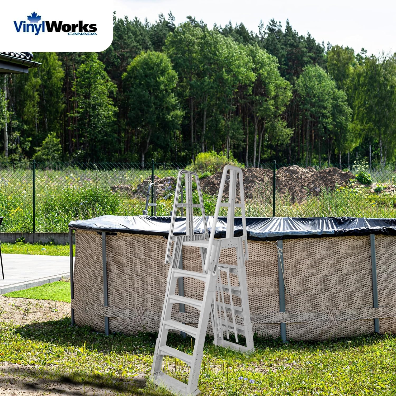 Vinyl Works SLA A-Frame 48 to 56 Inch Adjustable Above Ground Swimming Pool Ladder Entry System with Slide Lock Barrier and Handrails, White7