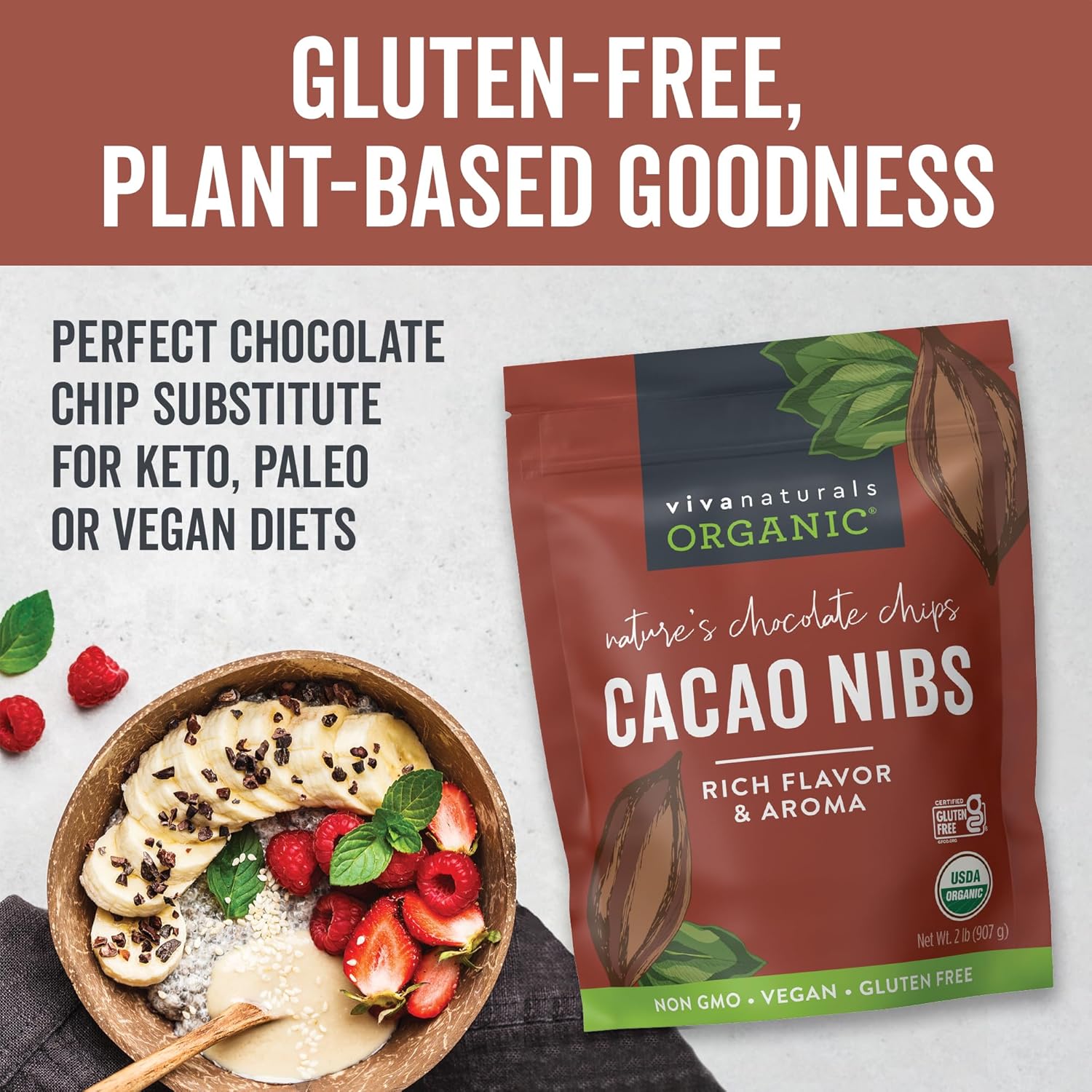 Viva Naturals Organic Cacao Nibs, 2 Lb - Certified Keto and Vegan Superfood, Perfect for Gluten Free Baking and Smoothie Topper, Premium Criollo Beans, Non-GMO4