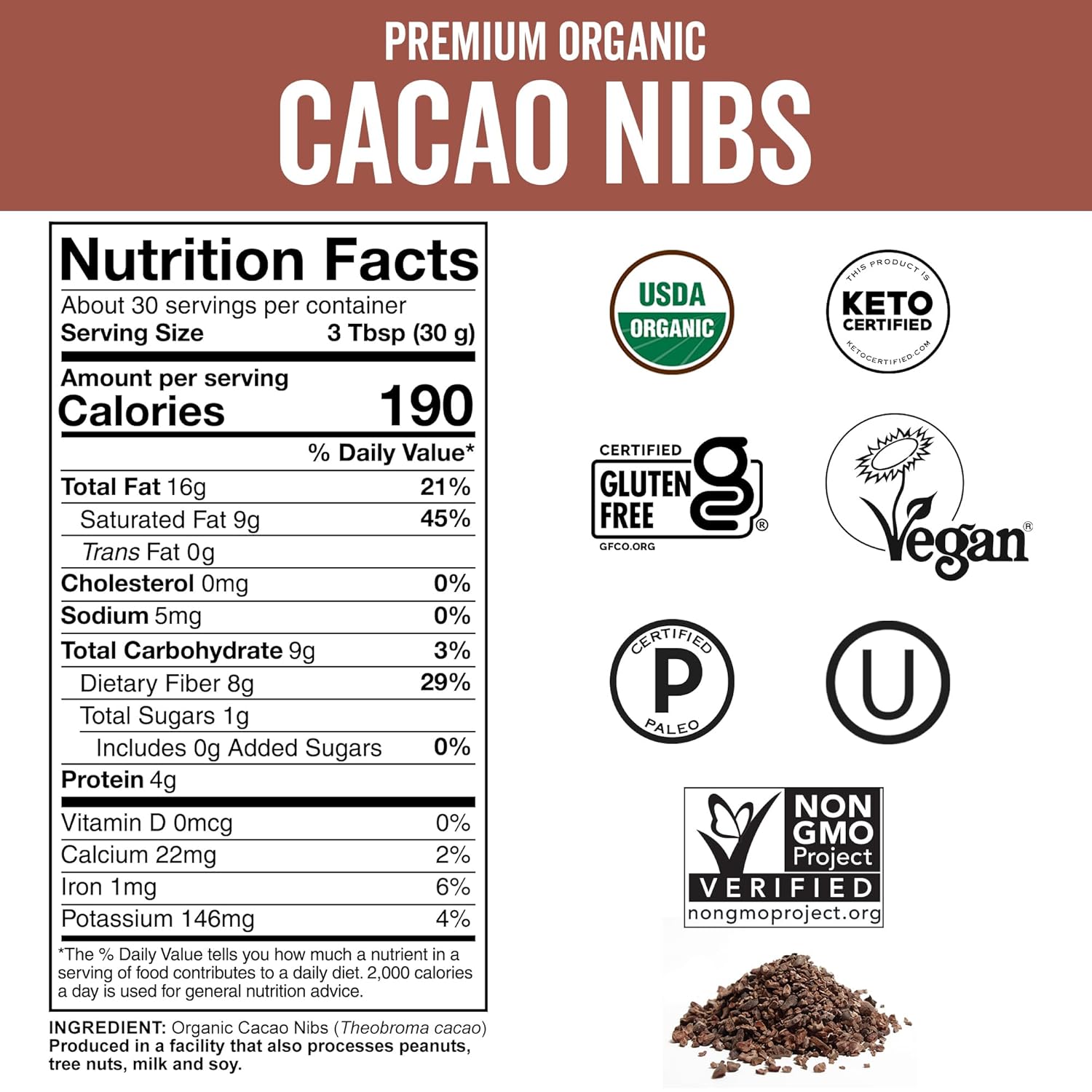 Viva Naturals Organic Cacao Nibs, 2 Lb - Certified Keto and Vegan Superfood, Perfect for Gluten Free Baking and Smoothie Topper, Premium Criollo Beans, Non-GMO9