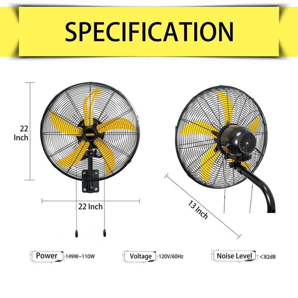 WOCK IFYFI20 HICFM 20 in. 3 Speeds High Velocity Oscillating Wall Mounted Fan in Yellow with 1 3 HP Powerful Motor, 4800 CFM1