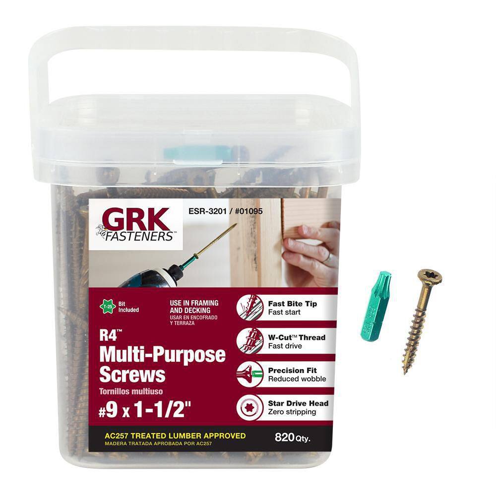 GRK Fasteners 01095 #9 x 1-1/2 in. Star Drive Round Head R4 Multi-Purpose Framing and Decking Screws (820-Pack) GRK Fasteners 01095 #9 x 1-1/2 in. Star Drive Round Head R4 Multi-Purpose Framing and Decking Screws (820-Pack)