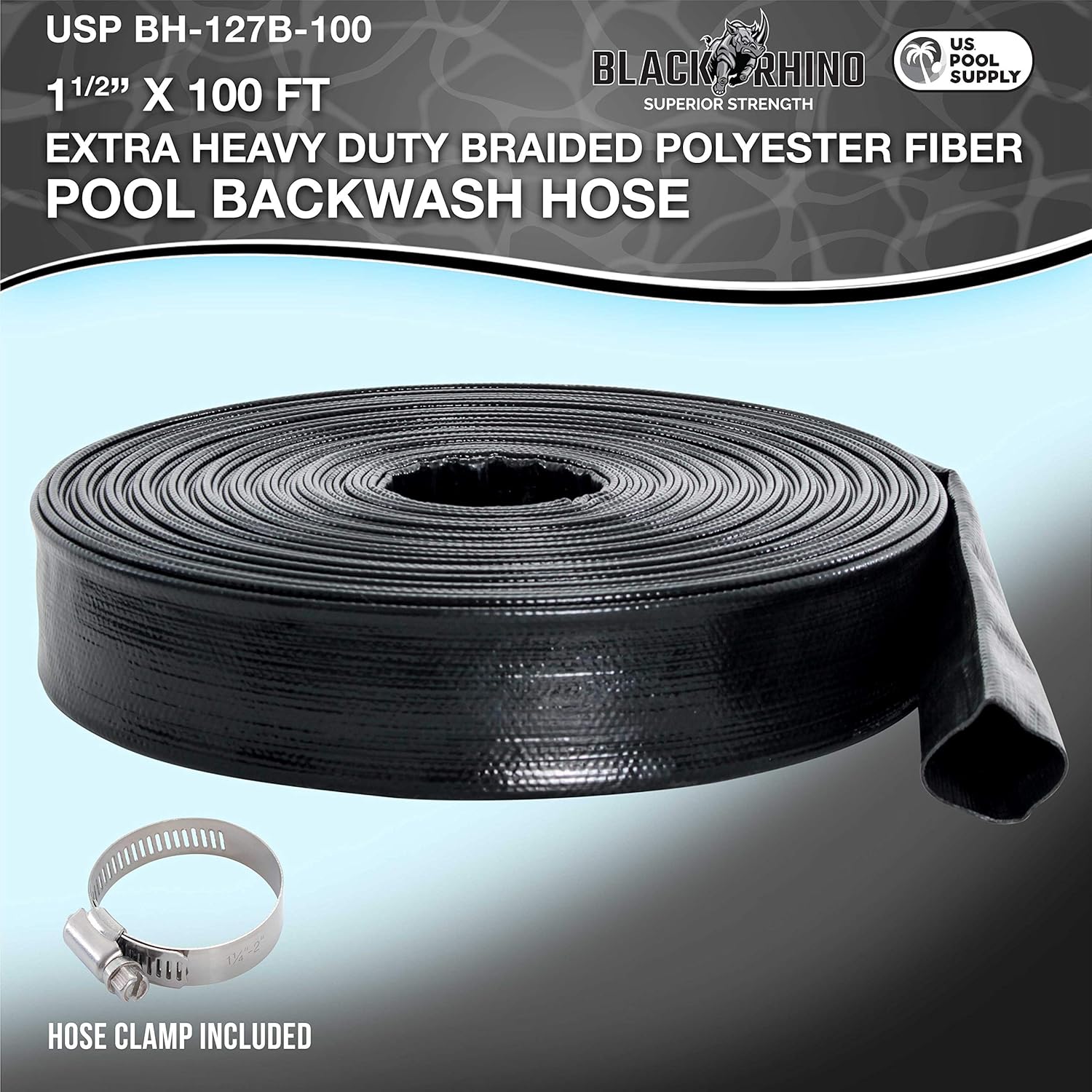 cU.S. Pool Supply Pool Backwash Hose 1.5 x 100' - Black Rhino Extra Heavy-Duty Pool Drain Hose, Sump Pump Discharge, Filter Pump Water Drainage, Inground Draining - Lay Flat, Burst Resistant, Clamp1
