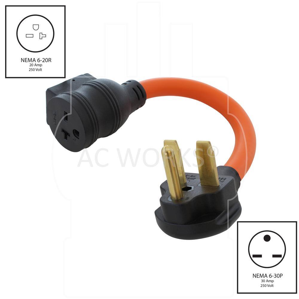 AC WORKS S630CB620 1.5 ft. 30 Amp 3-Prong 6-30P Commercial HVAC Plug to 6-15 20 Outlet with 20 Amp Breaker1