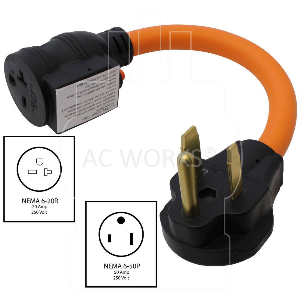 AC WORKS S650CB620 1 ft. 50 Amp 3-Prong 6-50P Welder Plug to 6-15 20 Outlet with 20 Amp Breaker1