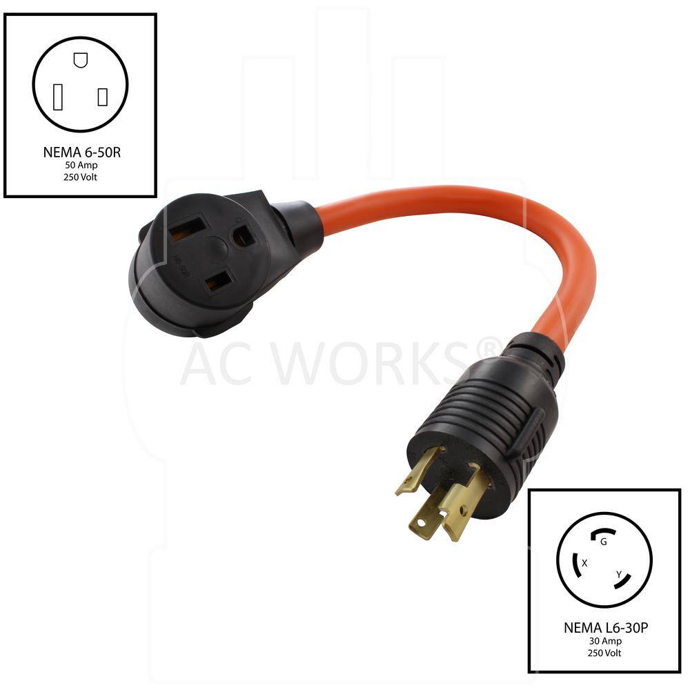 AC WORKS WDL630650-018 AC Connectors 1.5 ft. L6-30P 30 Amp 250-Volt Locking Plug to 6-50 Welder Connector1