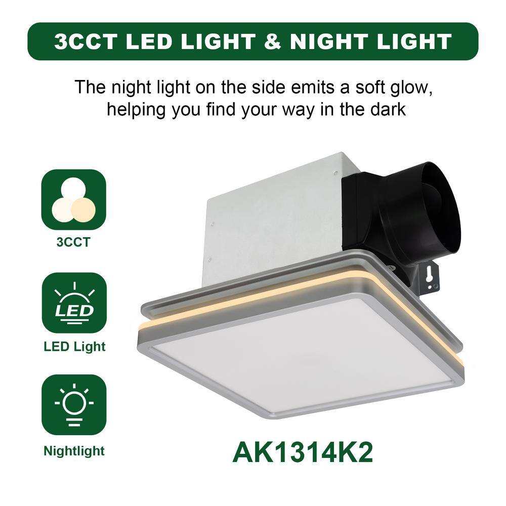 Akicon AK1314K2-S Bathroom Exhaust Fan with Light, Dimmable 3CCT LED Light with Night Light, 80 CFM, 2-Sones, Square, Silver0
