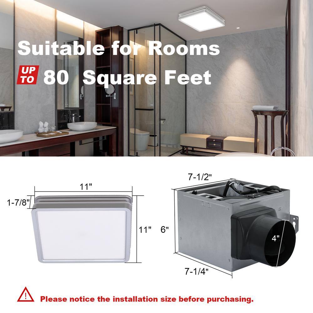 Akicon AK1314K2-S Bathroom Exhaust Fan with Light, Dimmable 3CCT LED Light with Night Light, 80 CFM, 2-Sones, Square, Silver11