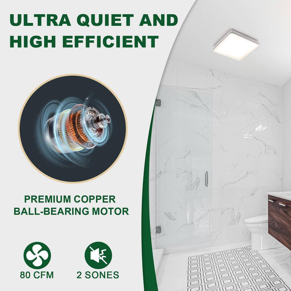 Akicon AK1314K2-S Bathroom Exhaust Fan with Light, Dimmable 3CCT LED Light with Night Light, 80 CFM, 2-Sones, Square, Silver5