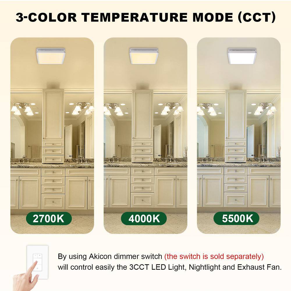 Akicon AK1314K2-S Bathroom Exhaust Fan with Light, Dimmable 3CCT LED Light with Night Light, 80 CFM, 2-Sones, Square, Silver7