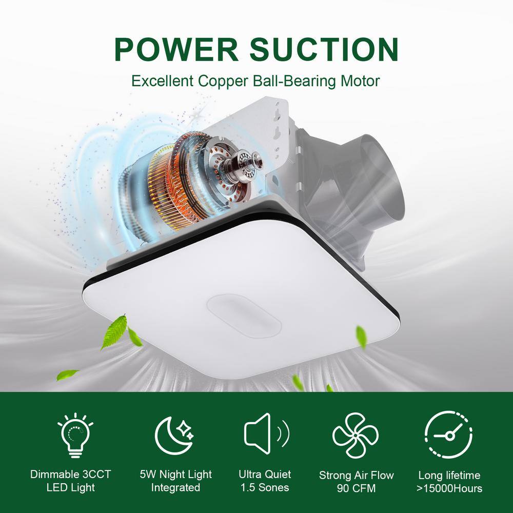Akicon AK1390N1-W 1390N1 Series Decorative White Fan Speed 90 CFM Ceiling Bathroom Exhaust Fan with 18-Watt Dimmable 3CCT LED Light Square12