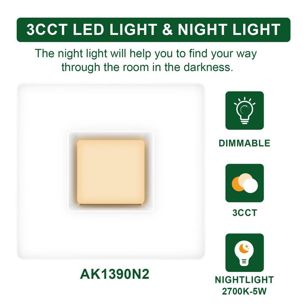 Akicon AK1390N2-B 1390N2 Series Decorative Black Fan Speed 90 CFM Ceiling Bathroom Exhaust Fan with 18-Watt Dimmable 3CCT LED Light Square12_11zon