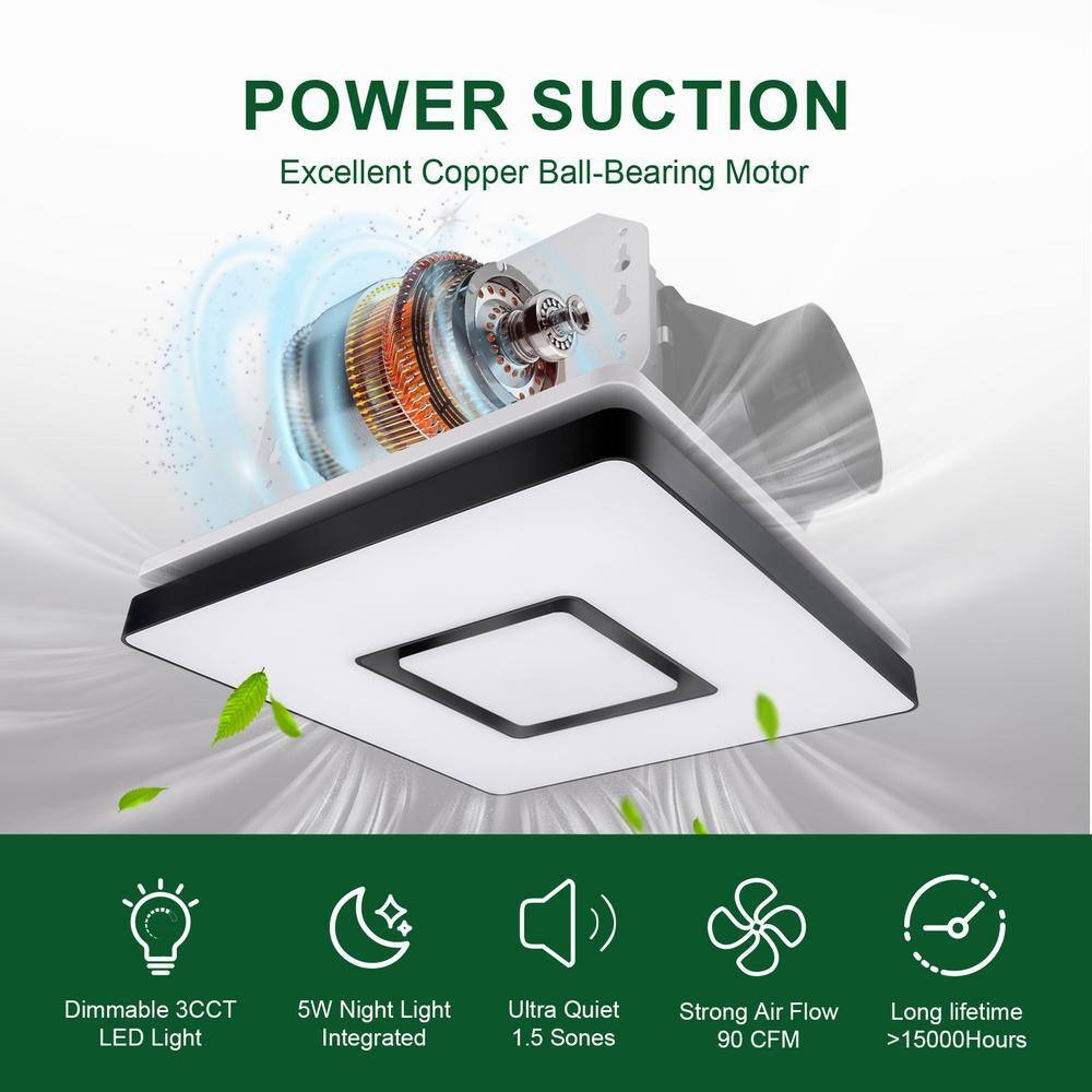 Akicon AK1390N2-B 1390N2 Series Decorative Black Fan Speed 90 CFM Ceiling Bathroom Exhaust Fan with 18-Watt Dimmable 3CCT LED Light Square15_11zon