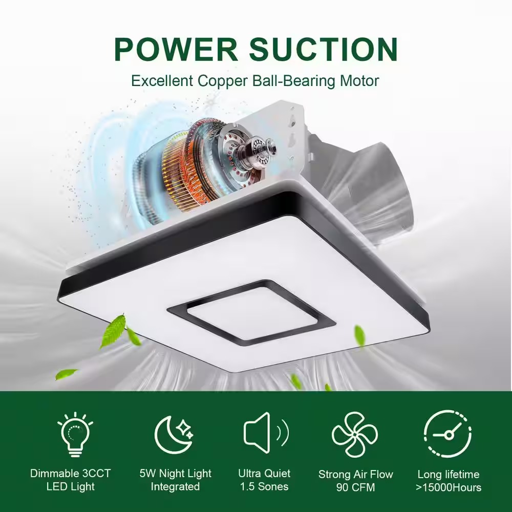 Akicon AK1390N2-B 1390N2 Series Decorative Black Fan Speed 90 CFM Ceiling Bathroom Exhaust Fan with 18-Watt Dimmable 3CCT LED Light Square2_11zon