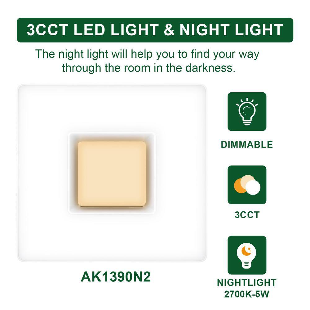 Akicon AK1390N2-W 1390N2 Series Decorative White Fan Speed 90 CFM Ceiling Bathroom Exhaust Fan with 18-Watt Dimmable 3CCT LED Light Square9