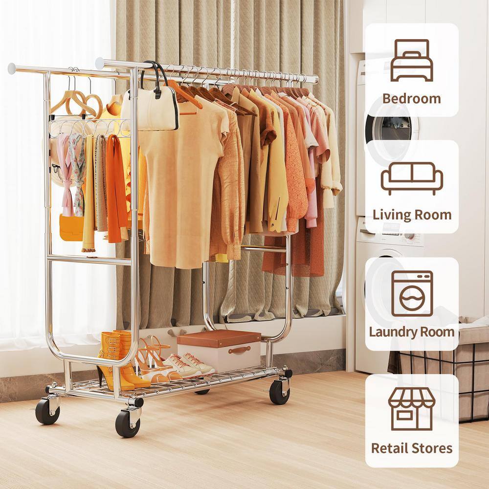 Angel Sar BB03XW35 Heavy Duty Collapsible Silver Clothes Rack Collapsible Rolling Clothing Rack For Hanging Clothes (CR-H)16