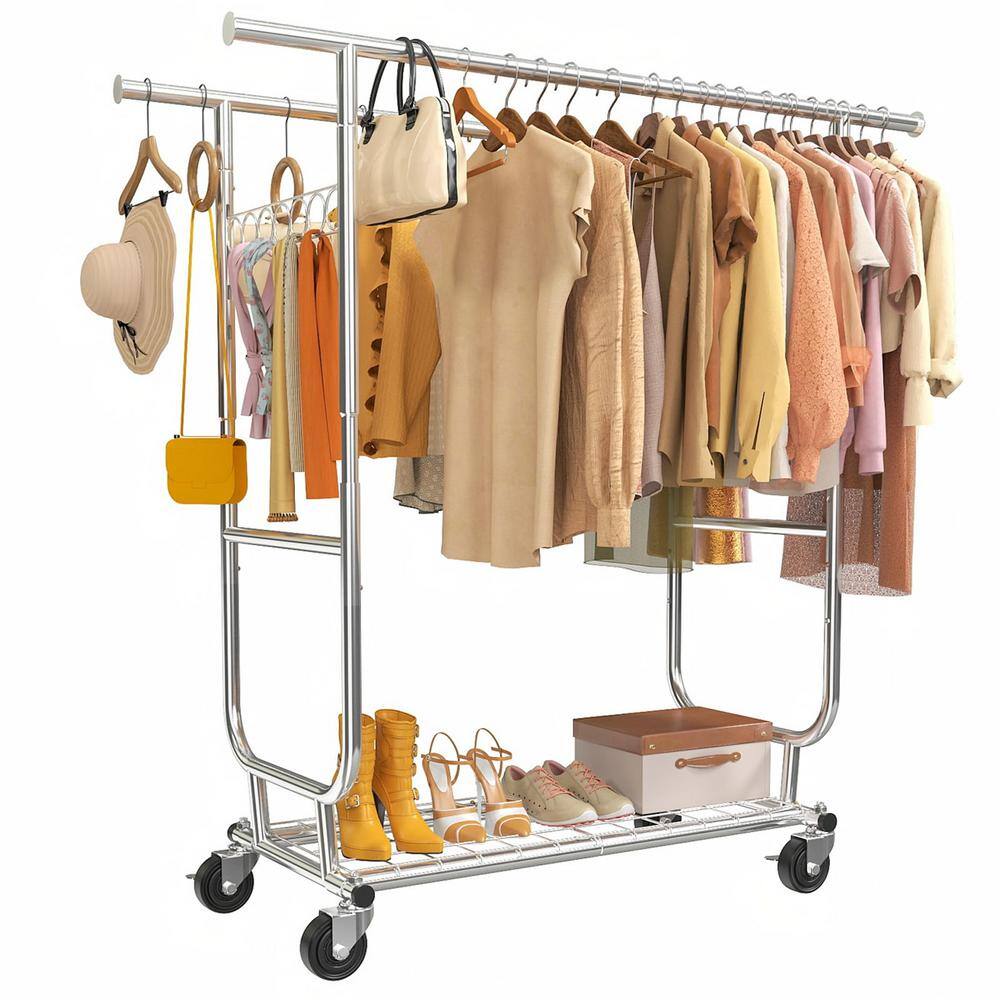 Angel Sar BB03XW35 Heavy Duty Collapsible Silver Clothes Rack Collapsible Rolling Clothing Rack For Hanging Clothes (CR-H)17