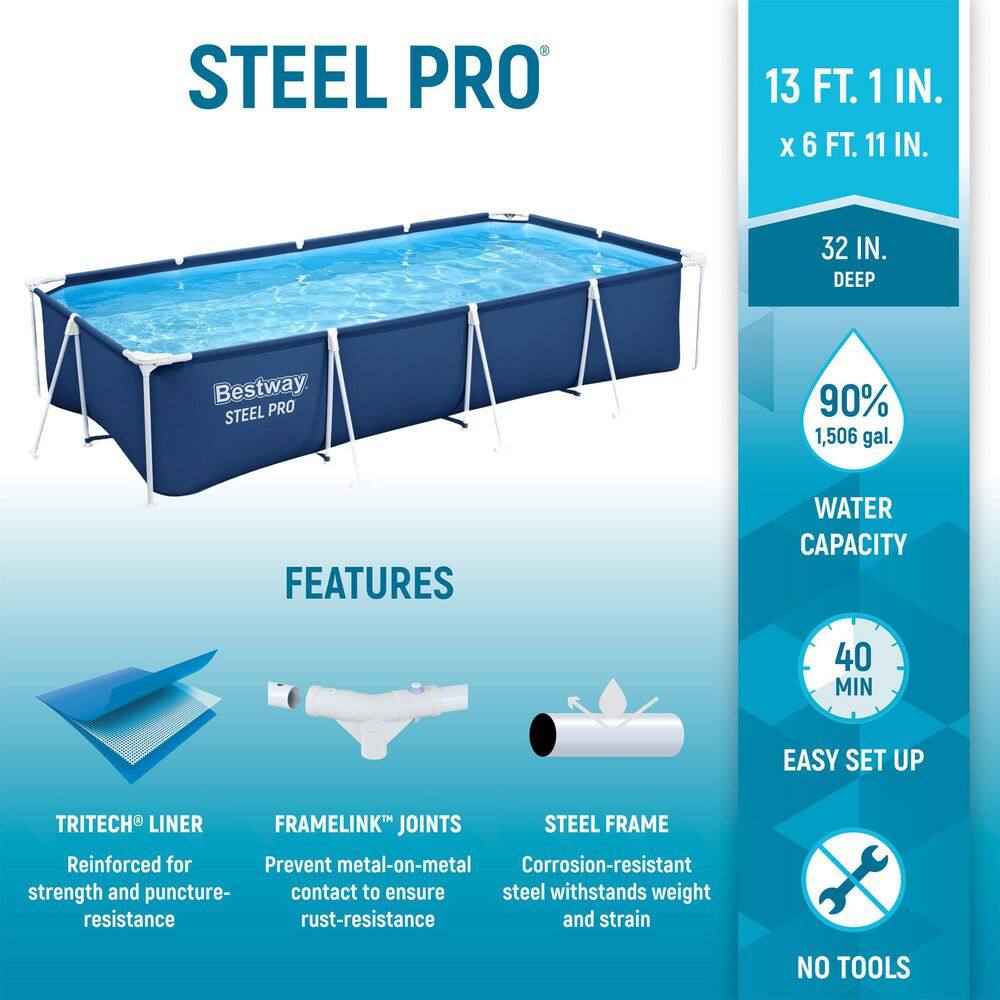 Bestway 56425E-BW Steel Pro 13 ft. x 32 in. Rectangular Above Ground Swimming Hard Side Pool, Blue3