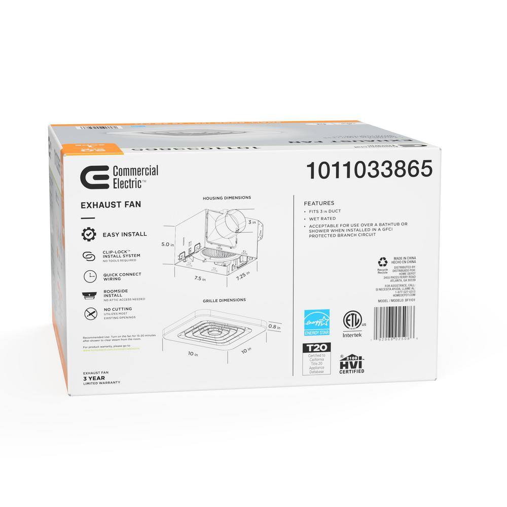 Commercial Electric BF1101 50 CFM Ceiling Mount Room Side Installation Bathroom Exhaust Fan, ENERGY STAR1