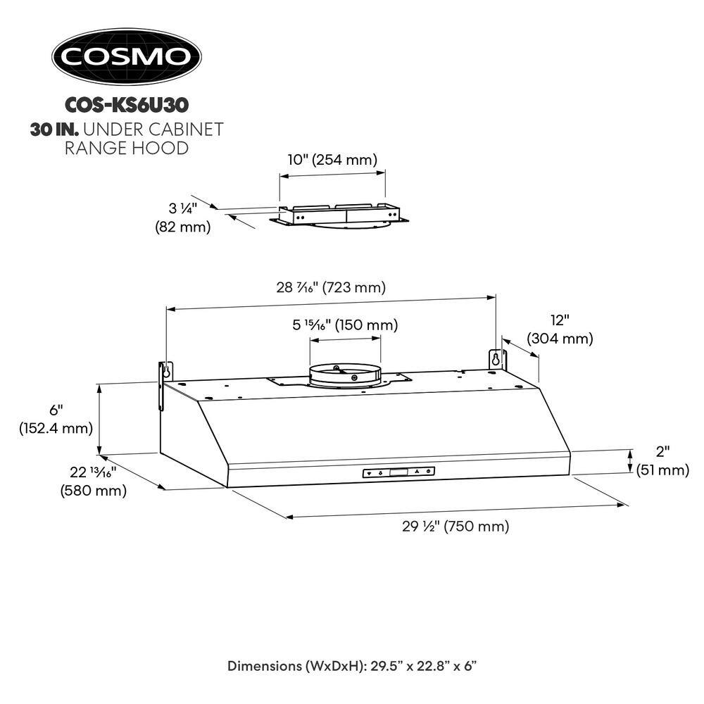 Cosmo COS-KS6U30 30 in. Haven Collection 500 CFM Ducted Under Cabinet Range Hood, Touch Controls, LED Lights, Stainless Steel90