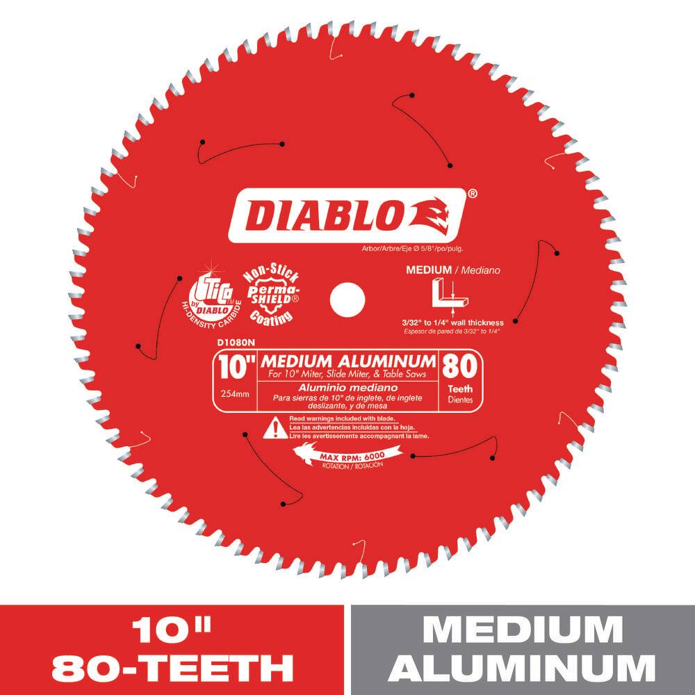 DIABLO D1080N 10in. x 80-Teeth Aluminum Saw Blade for Medium Non-Ferrous Metal and Plastics DIABLO D1080N 10in. x 80-Teeth Aluminum Saw Blade for Medium Non-Ferrous Metal and Plastics