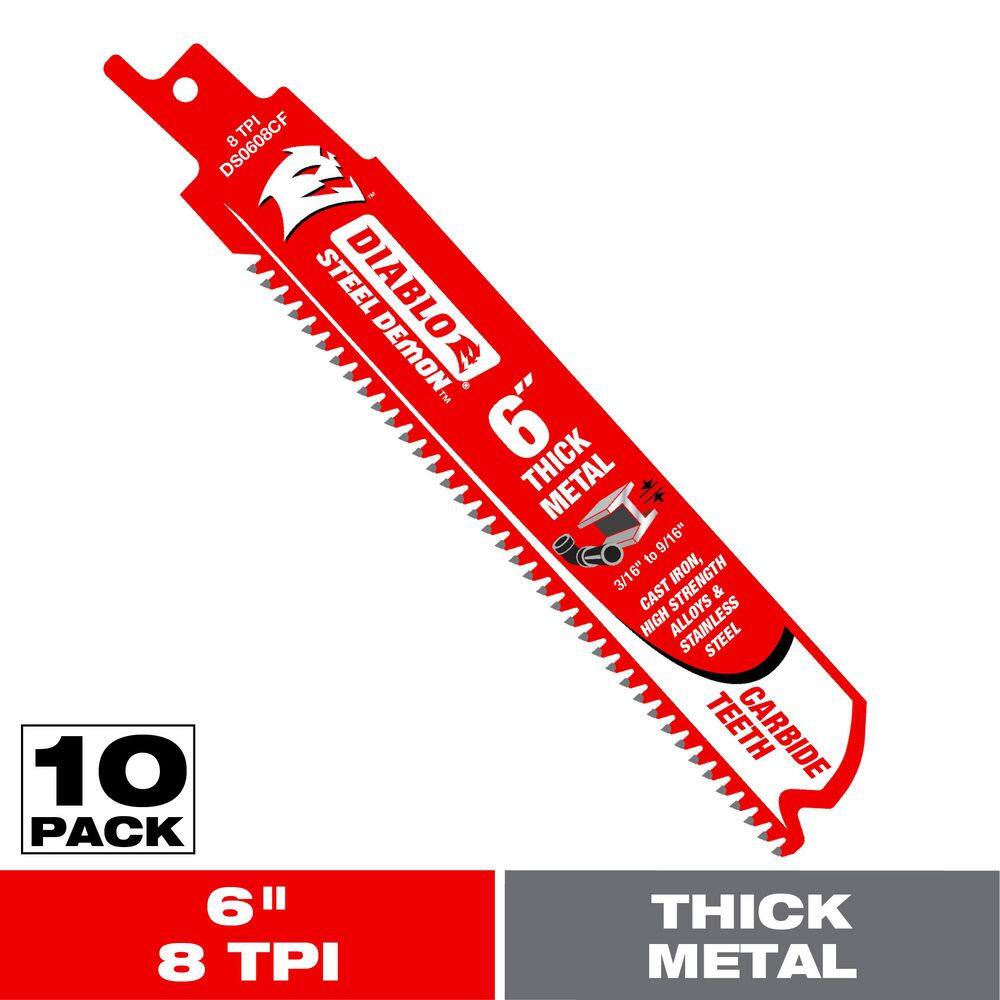DIABLO DS0608CF10 6 in. 8 TPI Steel Demon Carbide Teeth Reciprocating Saw Blades for Thick Metal (10-Pack) DIABLO DS0608CF10 6 in. 8 TPI Steel Demon Carbide Teeth Reciprocating Saw Blades for Thick Metal (10-Pack)