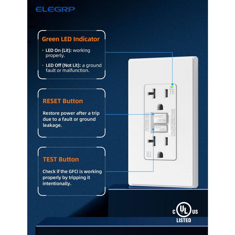 ELEGRP EG19S20T-0103 GFCI Outlet Self-Test, 20 Amp 125V Tamper Resistant Duplex wall outlet, Wall Plate included, UL Listed, Matte White 3PC1