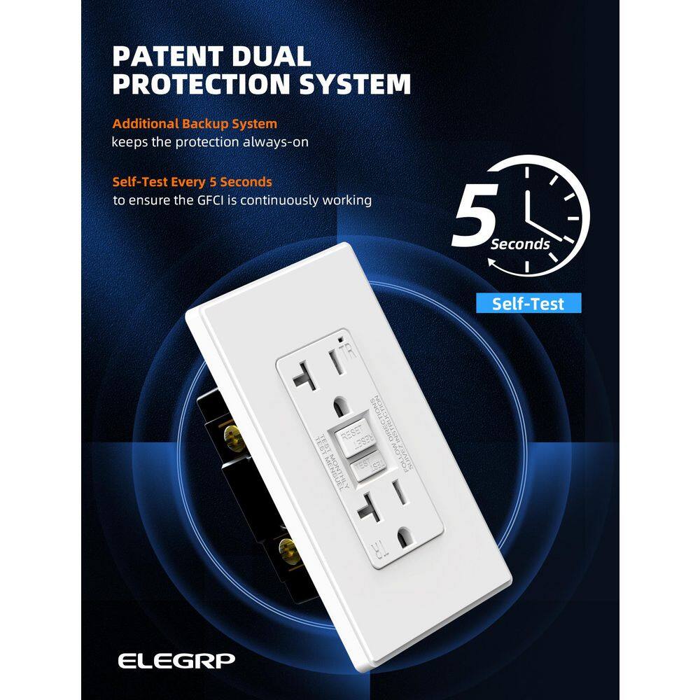 ELEGRP EG19S20T-0103 GFCI Outlet Self-Test, 20 Amp 125V Tamper Resistant Duplex wall outlet, Wall Plate included, UL Listed, Matte White 3PC3