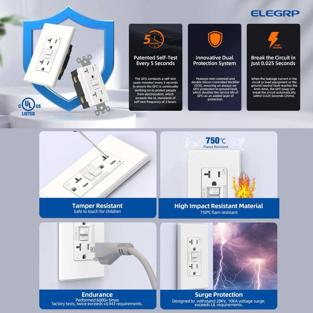 ELEGRP EG19S20T-0103 GFCI Outlet Self-Test, 20 Amp 125V Tamper Resistant Duplex wall outlet, Wall Plate included, UL Listed, Matte White 3PC5