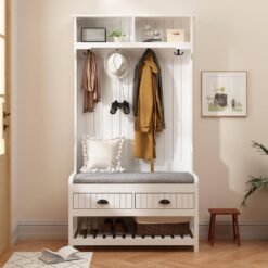FUFU&GAGA 68.5 in. White Wood 3-in-1 Coat Rack with 4-Metal Hooks and 2-Drawers, Storage Bench