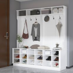 FUFU&GAGA KF020268-12 White Wood 3-in-1 Coat Rack Hall Tree Shoe Storage Shoe Bench With 6-Metal Double Hooks, Shoe Rack and Shelves