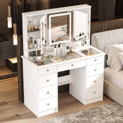 FUFU&GAGA KF210213-02 White Makeup Vanity Desk 9 Drawers Wood Dressing Table With 3 Mirrors, Glass Top, Hidden Storage Shelves, LED Lighted