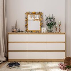 FUFU&GAGA KF250020-02 9-Drawer Natural Brown Wood Dresser Modern Style 31.5 in. H x 63 in. W x 15.7 in. D