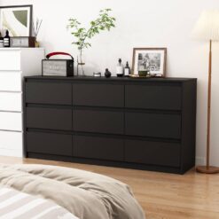 FUFU&GAGA KF250020-03 9-Drawer Black Wood Dresser Modern Style 31.5 in. H x 63 in. W x 15.7 in. D