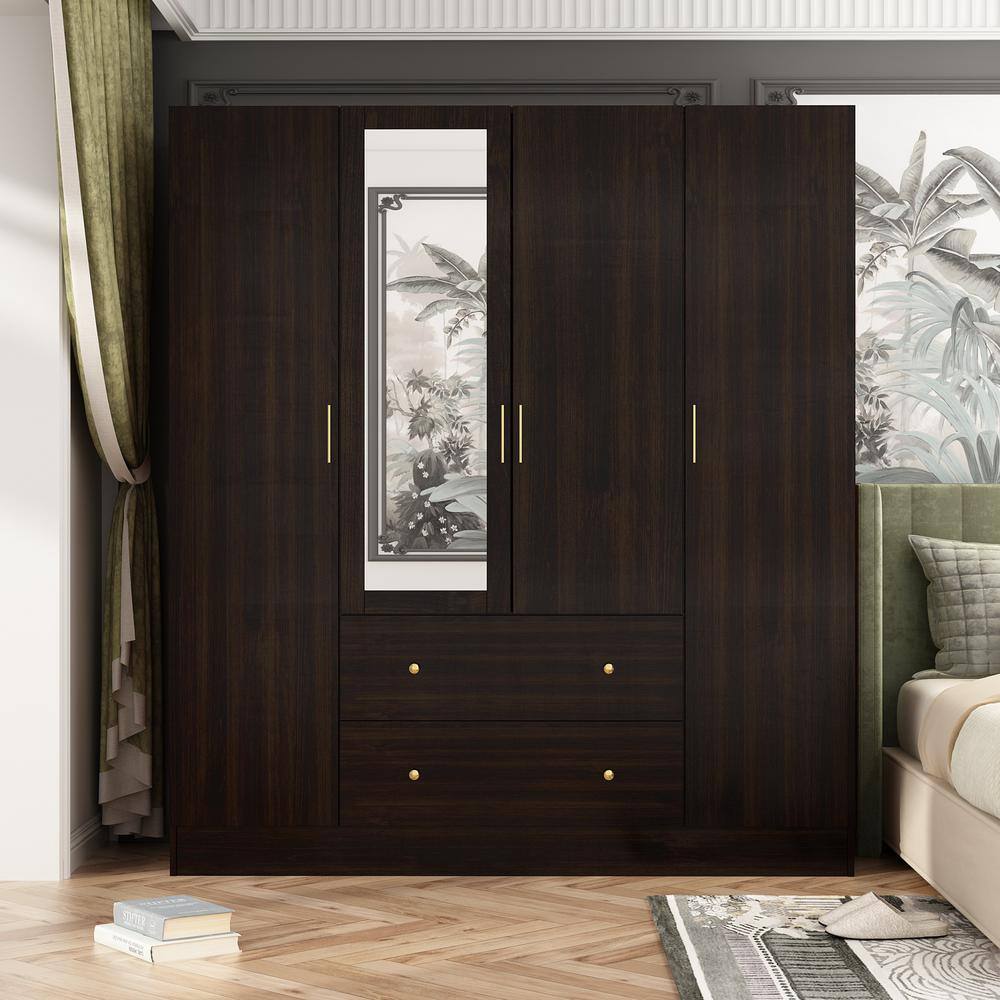 FUFU&GAGA KF330062-034 Brown Wood Grain 63 in. W 4-Door Big Armoires With Mirror, 2 Hanging Rods, 2 Drawers, Storage Shelves (70.9 in. H) FUFU&GAGA KF330062-034 Brown Wood Grain 63 in. W 4-Door Big Armoires With Mirror, 2 Hanging Rods, 2 Drawers, Storage Shelves (70.9 in. H)