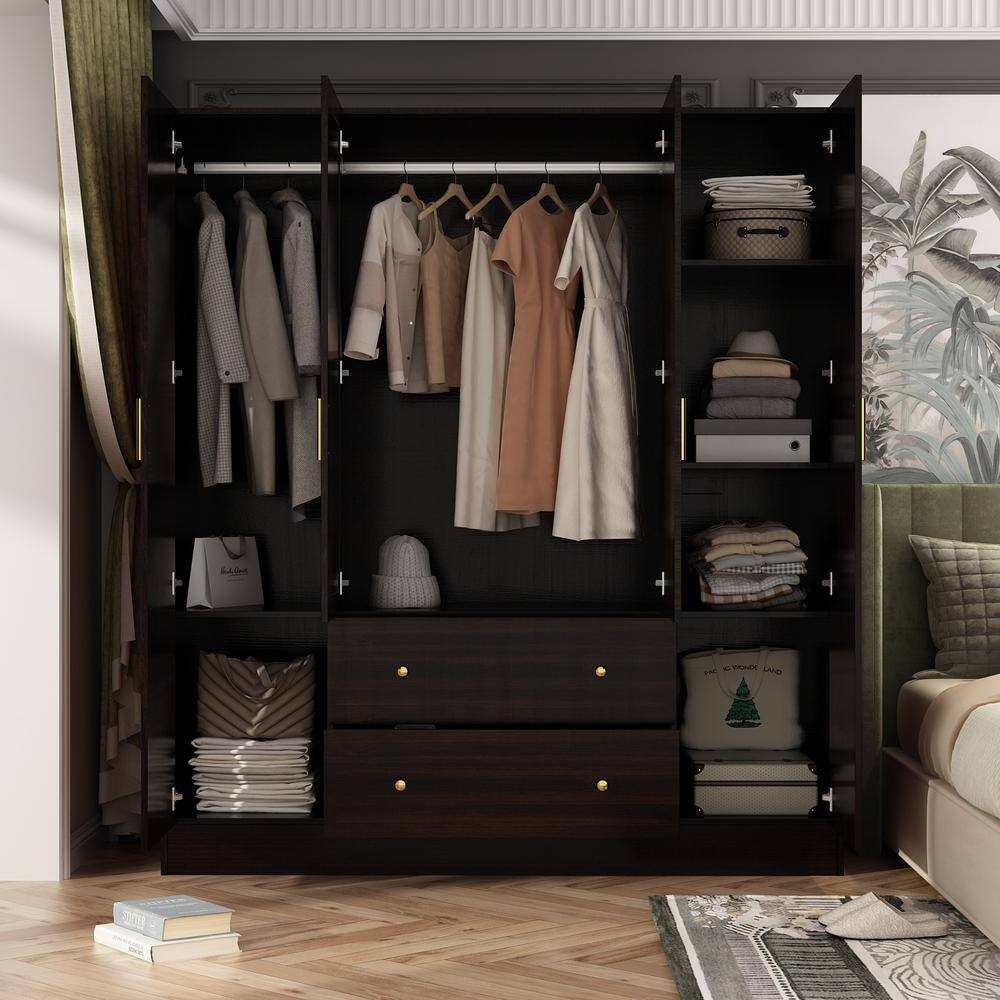 FUFU&GAGA KF330062-034 Brown Wood Grain 63 in. W 4-Door Big Armoires With Mirror, 2 Hanging Rods, 2 Drawers, Storage Shelves (70.9 in. H)1