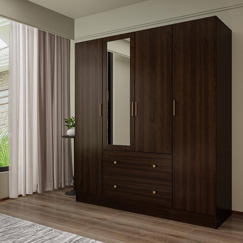 FUFU&GAGA KF330062-034 Brown Wood Grain 63 in. W 4-Door Big Armoires With Mirror, 2 Hanging Rods, 2 Drawers, Storage Shelves (70.9 in. H)122