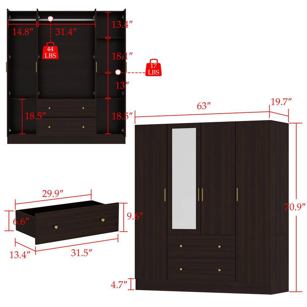 FUFU&GAGA KF330062-034 Brown Wood Grain 63 in. W 4-Door Big Armoires With Mirror, 2 Hanging Rods, 2 Drawers, Storage Shelves (70.9 in. H)2