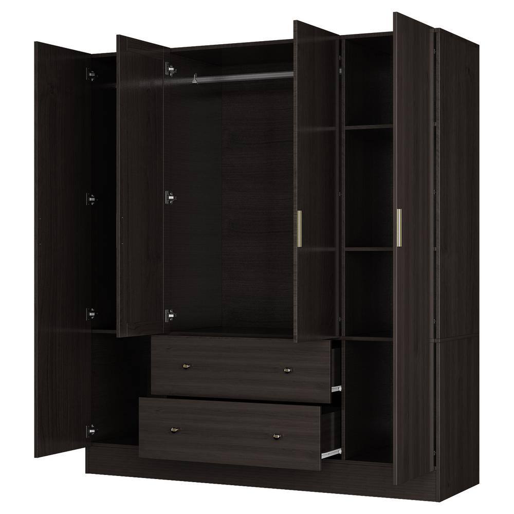 FUFU&GAGA KF330062-034 Brown Wood Grain 63 in. W 4-Door Big Armoires With Mirror, 2 Hanging Rods, 2 Drawers, Storage Shelves (70.9 in. H)3